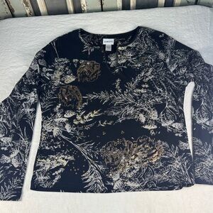 Chico's Black Long Sleeve Floral Print Top with Metallic Accents